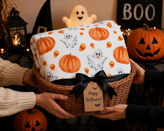 Halloween Ghost Fleece Throw Blanket, Cute Ghosts & Pumpkins, 50x70 XL size | Ultra-soft cozy flannel fleece, for sofa bed couch chair & dorms, spooky Halloween décor, durable and machine washable.