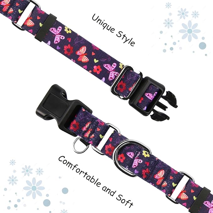 Martingale Collar with Buckle Purple Nylon Adjustable Cute Girl Female Dog Collars (Butterfly Floral, Large)
