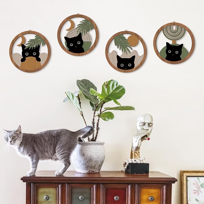 HPNIUB Abstract Mid Century Boho Black Cat Wall Decor-4 Pieces 10''x10'' | Farmhouse Geometric Hanging Wooden Wall Art,Bohemian Moon and Sun Wood Sign for Nursery Bedroom Decoration, Lovely Cat Gifts