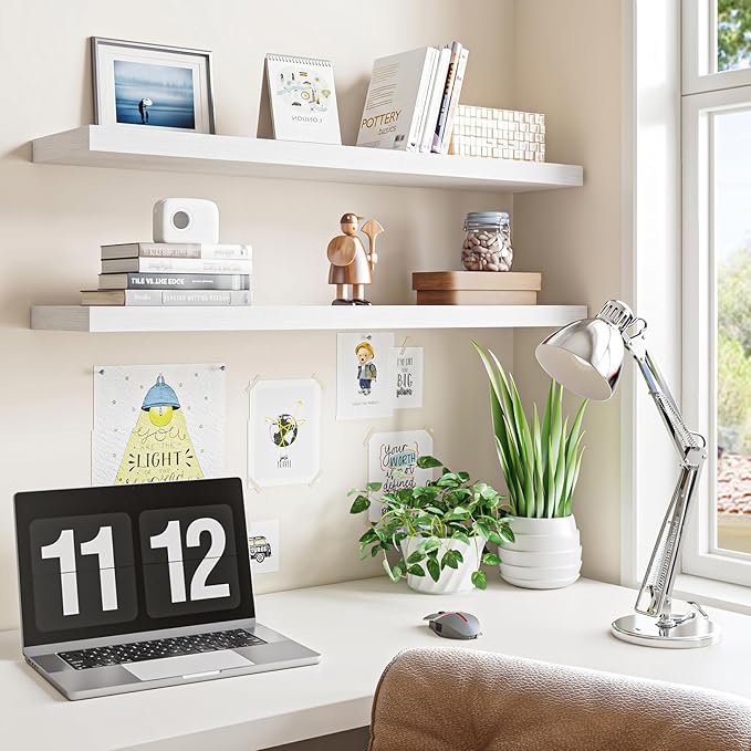 Fixwal Floating Wall Shelves for Decor (White, Set of 2, 35.4Inch) | MDF Shelf with Metal Brackets, Space Saving for Books , Decor, Fits Bathroom, Kitchen, Bedroom, or Office