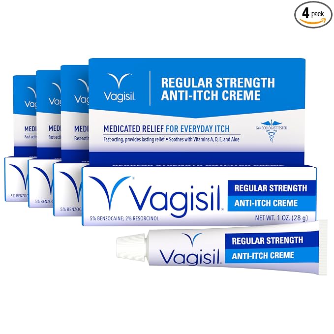 Vagisil Regular Strength Anti-Itch Feminine Cream for Women, Gynecologist Tested, Hypoallergenic, Fast-acting and Long-lasting Itch Relief, Vaginal Moisturizer Soothes and Cools, 1 oz (Pack of 4)