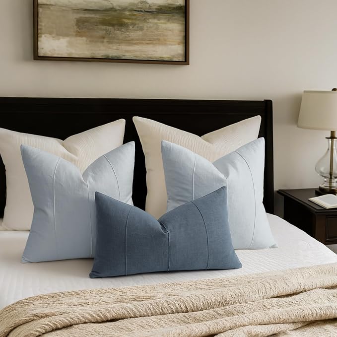 Decorative Linen Throw Pillow Covers 18x18 Set of 2 Solid Handcrafted Striped Cushion Covers for Bed Soft Modern Farmhouse Neutral Pillowcase for Couch Bedroom Living Room Home Decor(Sky Blue)