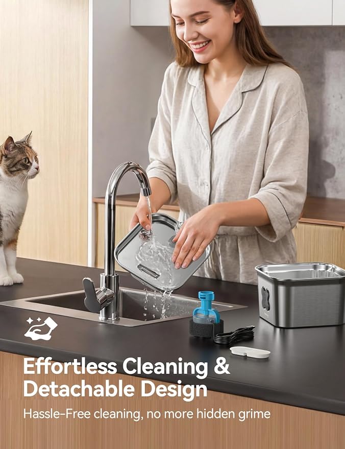FEELNEEDY Cat Water Fountain, 304 Stainless Steel - 95oz/2.8L Faucet-Style Pet Drinking Fountain for Cats & Small Dogs, Ultra-Quiet <20dB, Dishwasher Safe, 4-Stage Filtration & Water Level Window