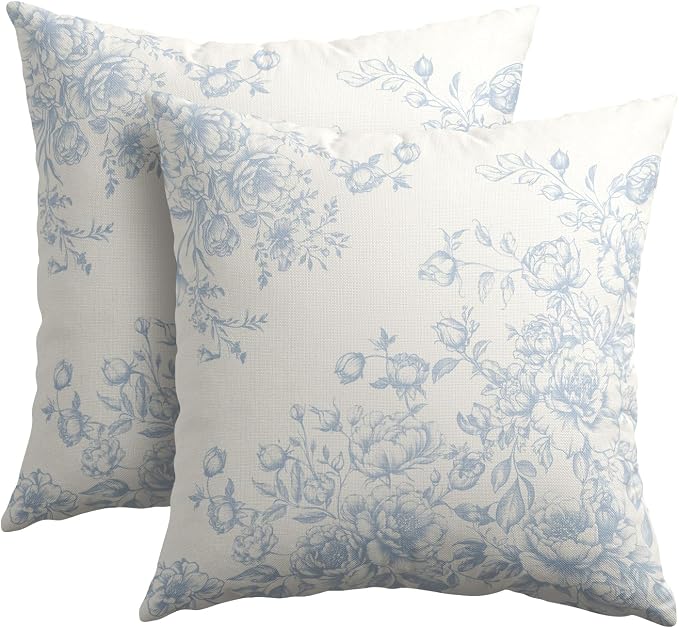 Kawani Chinoiserie Flowers Throw Pillow Covers 16x16 Set of 2 Vintage Light Blue White Floral Pillowcase Cotton Linen Square Cushion Case for Couch Sofa Living Room Bedroom Decor