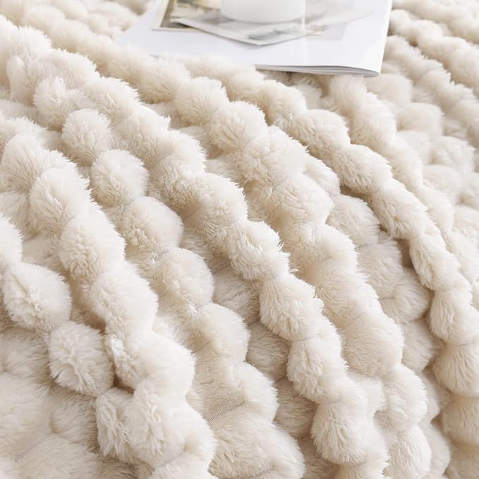 Cream Fleece Throw Blanket 60”×80” for Couch Sofa Bed Super Soft Cozy Plush Microfiber Flannel Blanket with 3D Jacquard Decorative Lightweight for Mom Woman