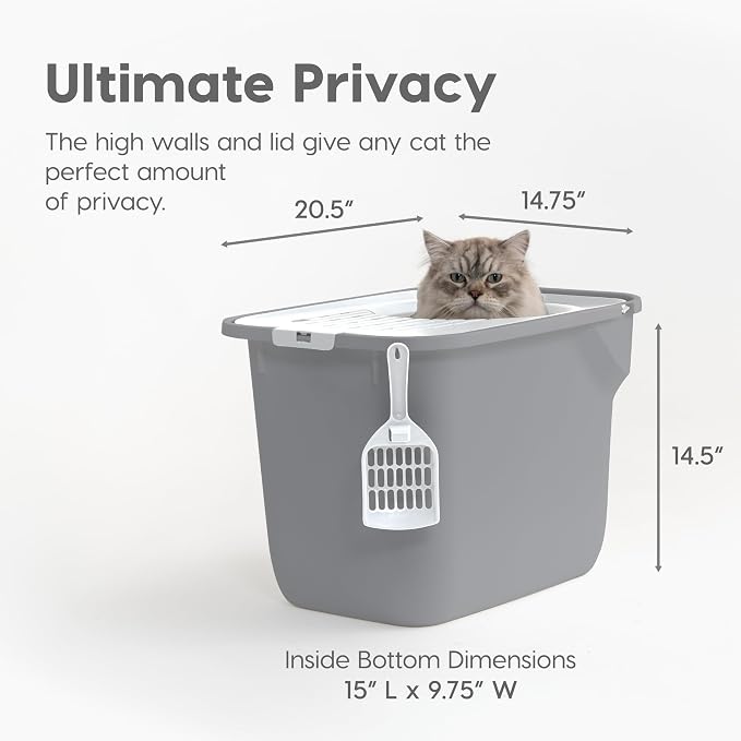IRIS USA Large Top Entry Cat Litter Box with Lid, Enclosed Covered Cat Litter Box for Indoor Cats, Dog Proof Design, Odor Control, Litter Tracking Reduction, Scoop Included, Gray/White