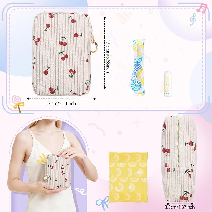 Corduroy Tampon Holder for Purse, Cute Large Period Bag with Ring Buckle, Portable Tampon Bag Organizer Case for Feminine Products (Bow-Beige)