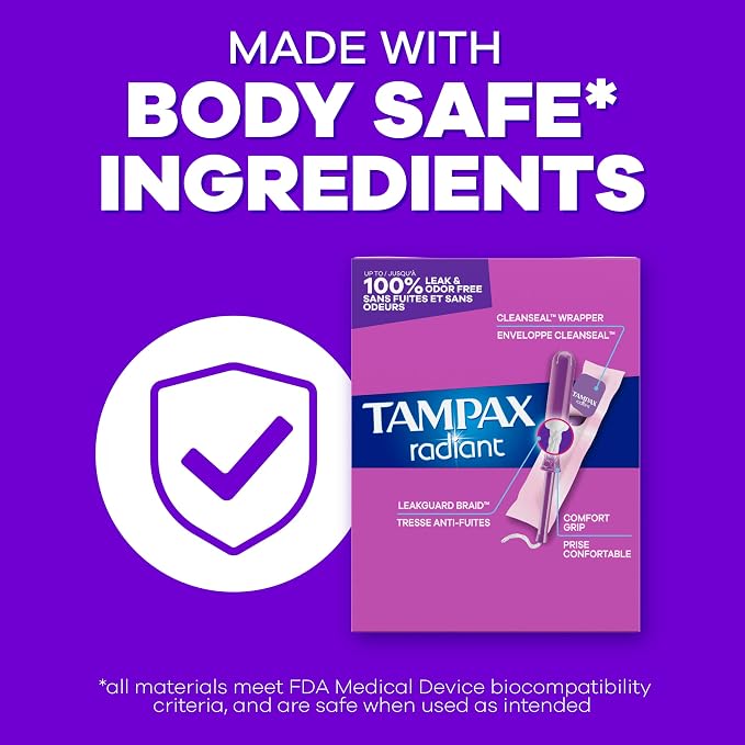 Tampax Radiant Tampons for Women,with LeakGuard Braid,Regular Absorbency,Unscented,84 Count (Pack of 2)