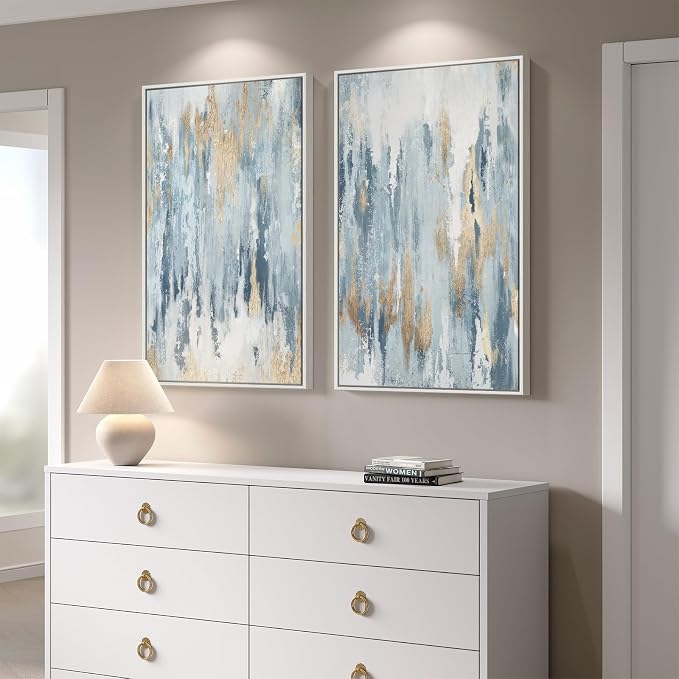 Large White Framed Blue and Gold Abstract Wall Art for Living Room, 24x36 | 2 Piece, Canvas prints, Navy blue paintings, Modern minimalist artwork, Glitter pictures, Dining room bedroom wall decor