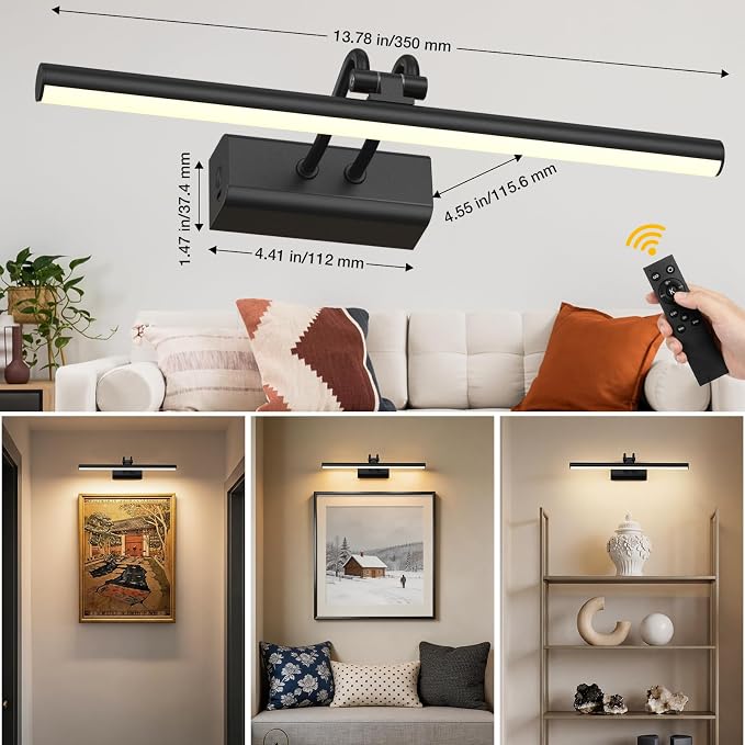 Battery Operated Picture Light for Wall, 13.8'', Black | 4000 mAh, Dimmable, Remote Control, For Art Painting & Gallery, Display for Living Room, Bedroom