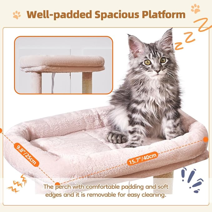 Taoqimiao Cat Tree, 38.5In Cat Tower for Indoor Cats, Suitable for Kittens | Thick Padded Top Perch, Luxurious Cat Condo, Adjustable Basket, 1-Piece Ramp Scratcher, 3 Natural Sisal Posts, Pink, MS029SP