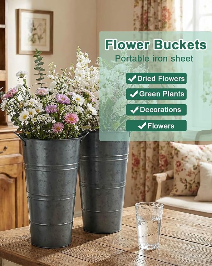 12 Inch Galvanized Metal Vase, 6 Pack Tall Flower Buckets with Handles | Galvanized metal flower buckets with handles, rustic tall vase design for dried flowers, weddings, farmhouse and home decor.