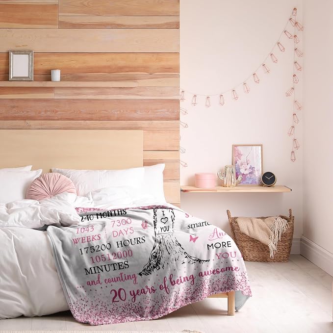 Vuinezo 20th Birthday Gifts Blanket 50"X60", 20th Birthday Decorations, 20 Year Old Girl Gifts, Bday Gift for 20 Year Old Female, 20th Birthday Gifts for Women/Daughter/Niece