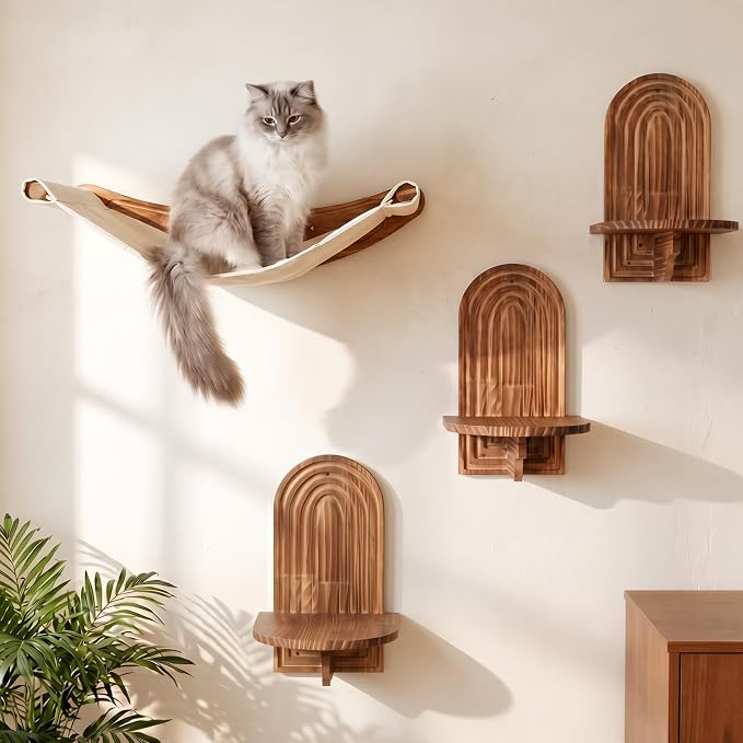 Rustic Cat Wall Shelves, Farmhouse Style Wooden Cat Furniture with Hammock, Space-Saving Cat Climbing System & Floating Perch for Indoor Cats