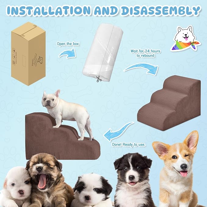 Mesa Lemon 3 Step Dog Stairs Pet Ramp for High Beds, Sofas and Cars | High Density Foam, Non-Slip Bottom, Removable Washable Cover, Portable Handle, Holds Up to 50 lbs, 16 Inch Height