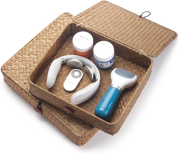 Flat Seagrass Storage Bins with Lid, Wicker Basket for Shelf Organize, Set of 2 (Small+Large)