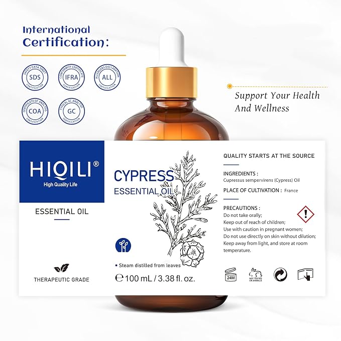 HIQILI Cypress Essential Oil for Diffuser, Humidfier, Skin Care | Aromatherapy, DIY soap and candle, relaxing mood, include 10ml travel bottle - 100ml / 3.38 Fl Oz