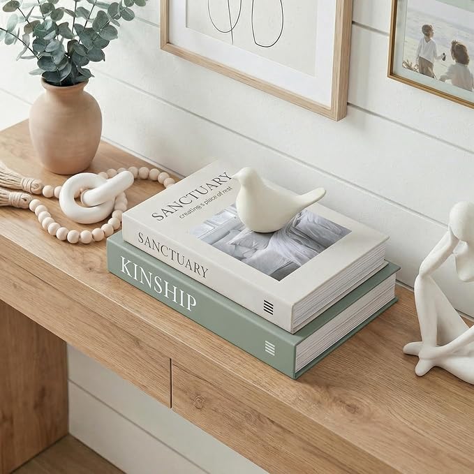 Faux Book Stacks for Decoration (Set of 2) - Decorative Books with Storage for Shelf Decor - Organic Modern & Biophilic Living Room Accents - Sanctuary & Kinship (Sage Moss Green & Beige)