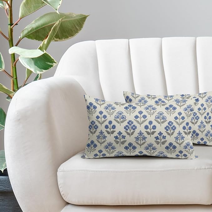 Blue Grey Gray Floral Pillow Covers 12x20 Inch Set of 2, Block Print Lumbar Flower Cream Decorative Throw Pillowcases Outdoor Farmhouse Rectangle Cushion Covers Spring Summer Sofa Couch Bed Decor