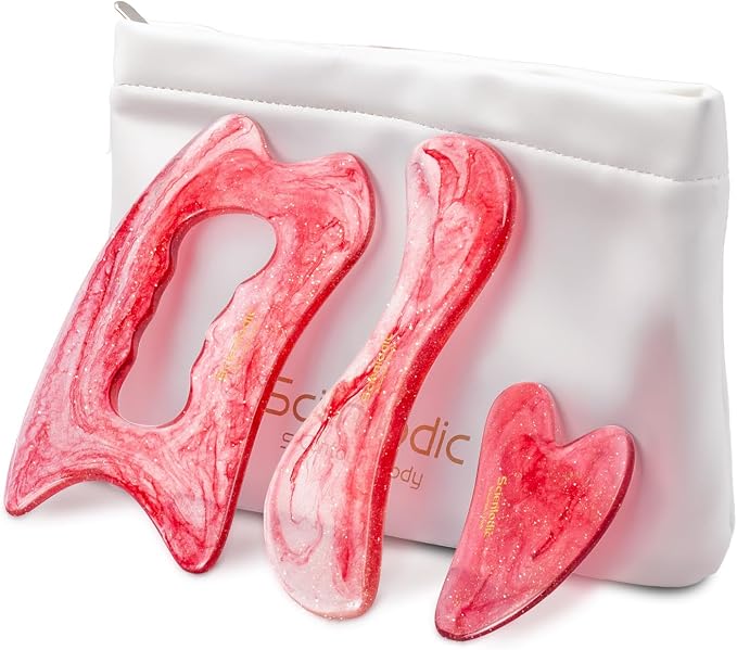 Scienlodic 3 Pcs Gua Sha Massage Tools for Face & Body (Red, Resin) - Scraping Tools for Back, Legs & Muscle Relaxation, Guasha Facial Tool for Jawline Contouring & Puffiness Reduction