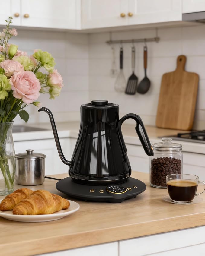 Cocinare Gooseneck Electric Kettle, ±1°F Precise Temperature Control, 1500W Fast Heating, Pour Over Coffee & Tea Kettle with Brew Timer & Keep Warm, Stainless Steel, 0.9L (Soulages Black)
