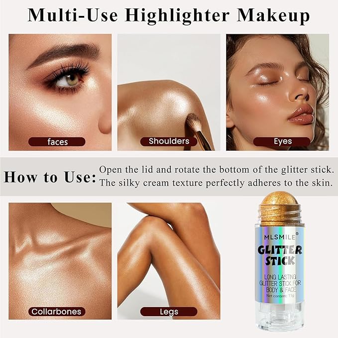 Gold Body Glitter Stick, Multi-Use Highlighter Makeup, Long Lasting Glitter Stick for Body & Face Eyes Lip, Glitter Sparkling Mermaid Sequins for Women, Great for Daily, Festival, Party