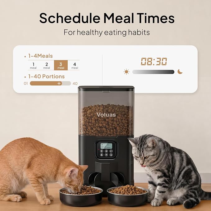 VOLUAS Automatic Cat Feeder for Two Cats with Dual Stainless Bowls, 6L | Programmable Portion Control, Timed Feeding, Memory Function, Dual Stainless Steel Bowls, 10-Second Voice Recorder