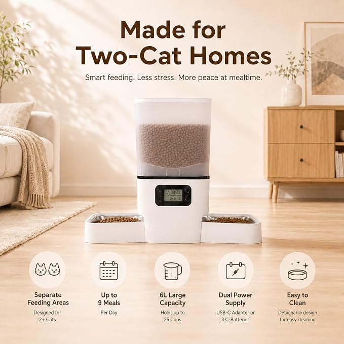 Automatic Cat Feeder for 2 Cats & Small Dog, 6L Large Capacity for Dry Food | Timed Cat Food Dispenser with 2 Stainless Steel Bowl, Dual Power Supply, Detachable & Dishwasher Safe, LED Display Screen