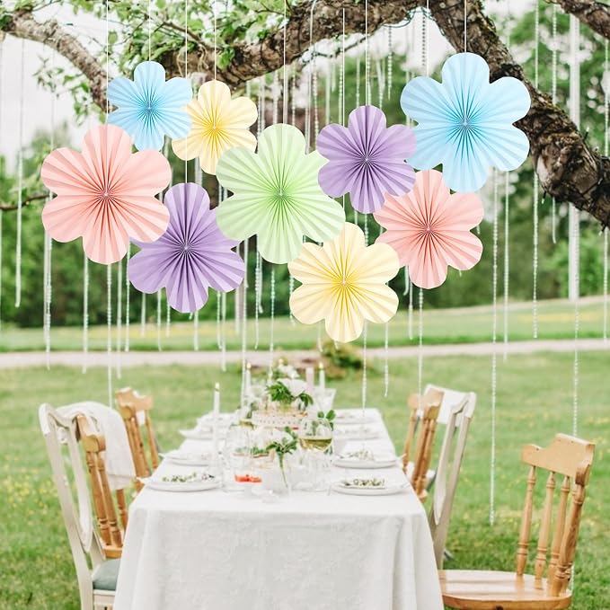 SUNBEAUTY Pastel Paper Flowers Decorations for Wall, Hanging Paper Fans Paper Floral Backdrop Decor Paper Fans Decoration Mothers Day Birthday Wedding Baby Shower, Set of 9