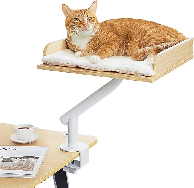 PAWZ Road Cat Desk Bed 360°Rotating Supports to 50 Lbs Cozy Nest for Desk | Wooden Desk Mount Cat Bed with Sturdy Clamp – Fits Desks & Tables, Padded Soft Nest for Cats, Holds Up to 50 lbs