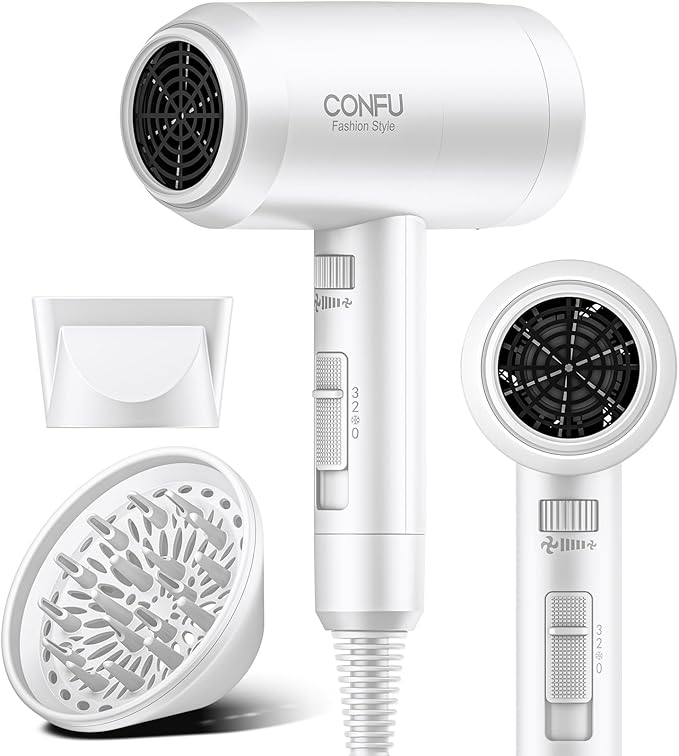 Hair Dryer with Diffuser, CONFU Blow Dryer for Curly Hair for Women Men, 21000PRM Travel Hair Dryer, Portable Lightweight Fast Drying Negative Ion Hairdryer for Home & Travel