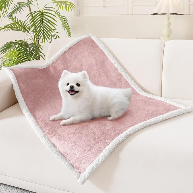 Smiry Waterproof Blanket Throw, Reversible Dog Blanket for Sofa Couch Bed | Soft Leakproof Sherpa Fleece, Washable Furniture Couch Protector for Large Dogs Cats, 30"x40", Pink/White