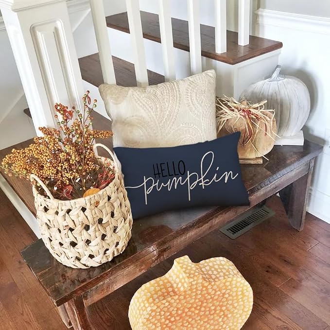 RABUSOFA Fall Pillow Covers 12x20 Inch Dark Blue Thanksgiving Autumn Hello Pumpkin Quote Lumbar Harvest Outdoor Cushion Cases Seasonal Fall Decorations for Home Couch