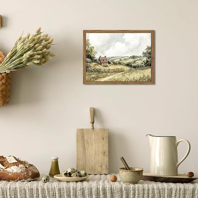 Framed Vintage Canvas Wall Art, Cottage Landscape Wall Decor Paintings, Rustic Farmhouse Pictures Prints Aesthetic Home Decor for Living Room Bedroom Bathroom 8x10 inch