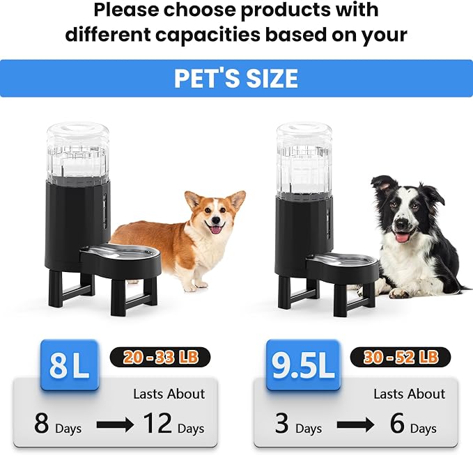 CZPET Elevated Dog Water Bowl Dispenser for Large Dogs (8L+Stand, Black) | With Stainless Steel Bowl Gravity Waterer, Large Capacity and Drinking Area Noise-Free for Pets