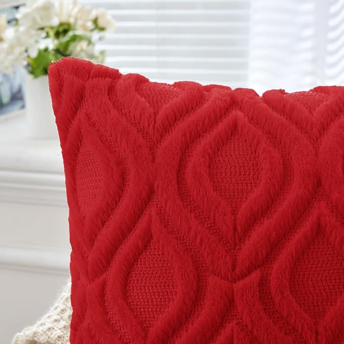 MIULEE Red Soft Plush Faux Wool Throw Pillow Covers 18x18 | Set of 2, Farmhouse Boho Home Decor, Decorative Cushion Covers for Sofa, Living Room, Bed