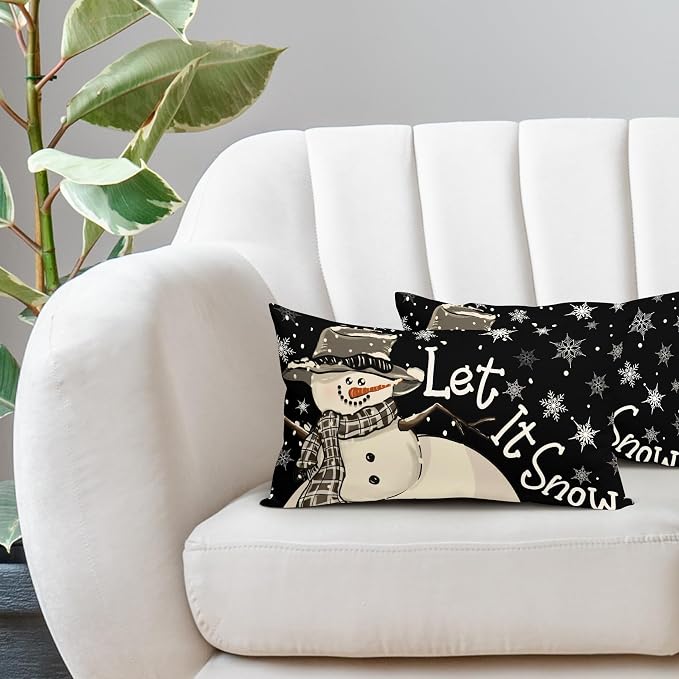 Christmas Black Lumbar Pillow Covers 12X20 Inch Set of 2 Xmas Snowman Snowflake Decorative Pillow Cases Winter Holiday Cotton Linen Cushion Case Modern Home Decor for Sofa Couch Bedroom