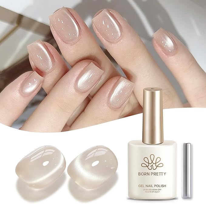Born Pretty Glassy Cat Magnetic Eye Gel Nail Polish,Glitter Nude Jelly Translucent Magnetic Gel Polish,Soak Off U V LED Gels Nail Art Design Manicure Salon DIY Home 15ML
