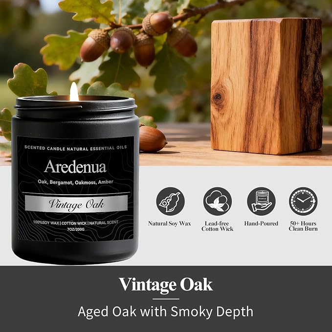 Vintage Oak Candle | Manly Scented Candles for Home, Masculine Candle - 7oz Soy Candles for Home Scented, 50 Hours Clean Burn, Long Lasting, Aromatherapy Gifts for Men & Women