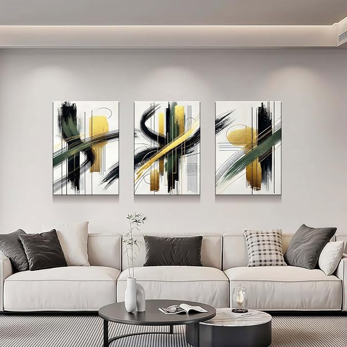 3 Pcs Framed Abstract Wall Art Modern Gallery Prints Black Green Gold Lines Canvas Painting Minimalist Poster Picture Living Room Bedroom Office Wall Decor 12x16 Inch Ready To Hang
