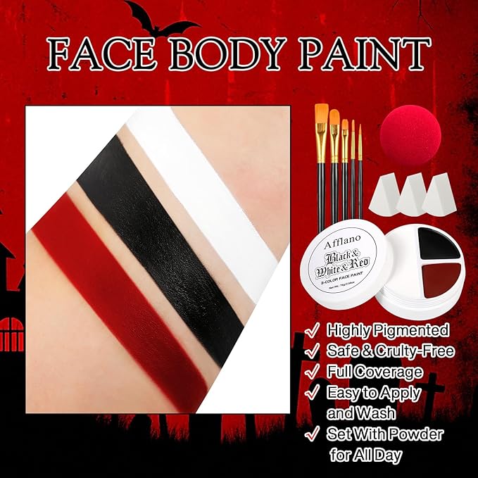 Scary Clown Makeup Face & Body Paint Kit Professional Black White Red SFX Cream Bodypaint with 5 Brushes Sponge Applicators & Clown Nose Facepainting Set for Kids Adult Halloween Joker Vampire Zombie