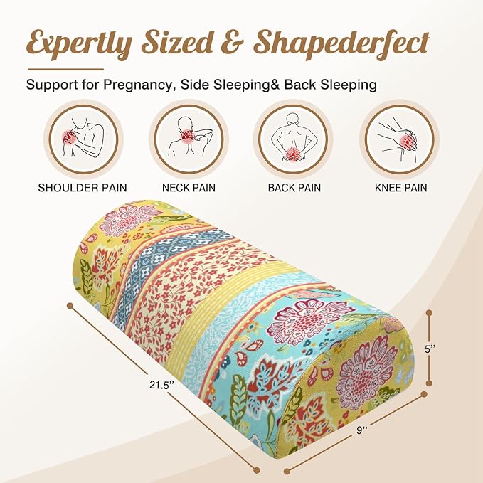 Knee Pillow for Back Sleeping – Half Moon Bolster Pillow for Under Knee While Sleeping Support, Leg & Back Pain Relief (21.5x9x5 Inches)