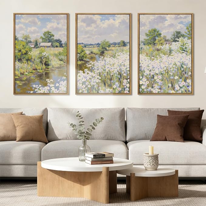 BINCUE Framed Wildflower Wall Art Rustic Floral Wall Decor Vintage Landscape Artwork for Living Room Bedroom Bathroom 16x24 Inches Set of 3