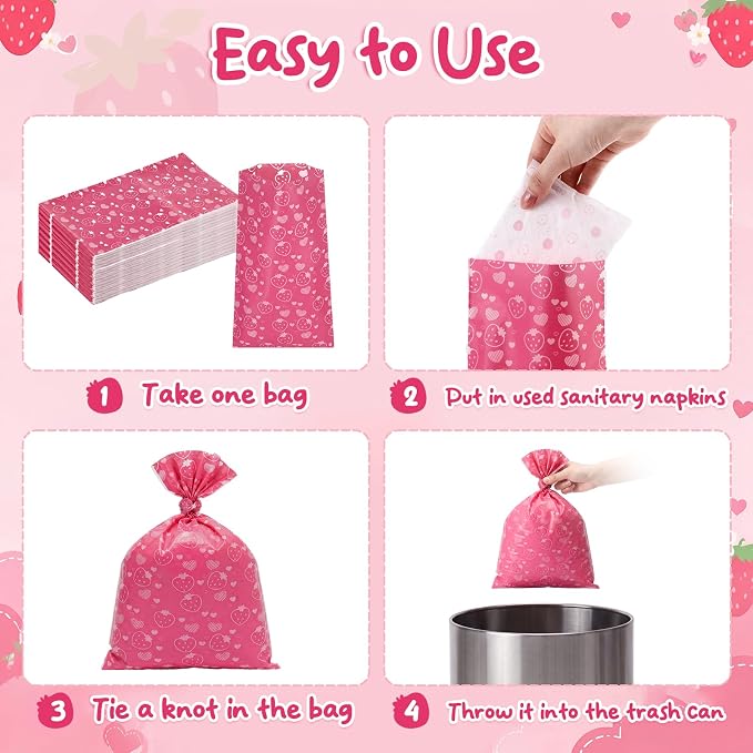 Eccliy 150 Pcs Sanitary Napkin Disposal Bags, 9.8''x5.9'' Thick Pink Strawberry Feminine Hygiene Waste Bags, Disposable Tampon Trash Bag for Women Privacy, Diaper Sack, Personal Care for Home Travel