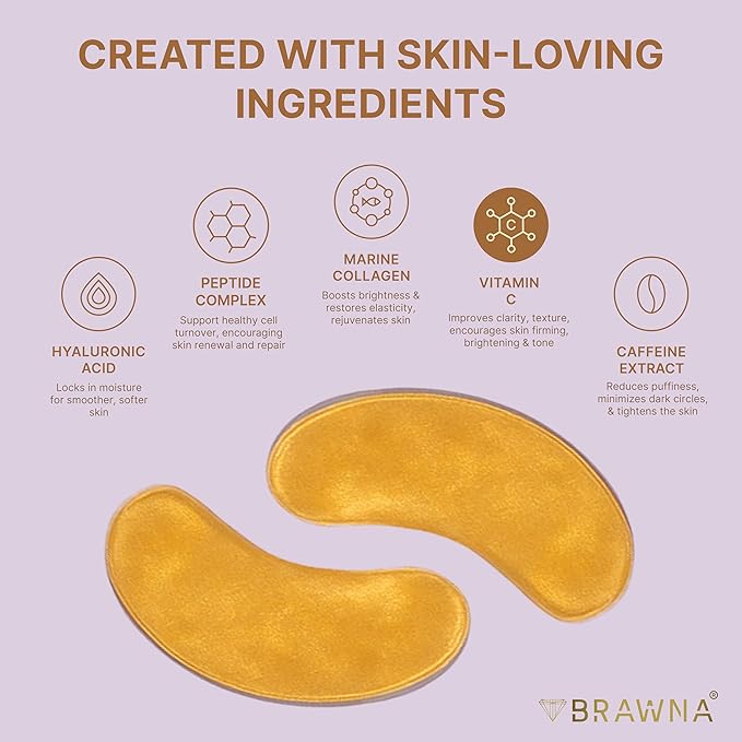 BRAWNA UnderEye Patches – Hydrogel Masks with Vitamin C, Caffeine & Collagen – For Dark Circles, Puffy Eyes, Wrinkles & Tired Skin – 24K Gold Skincare – 24 Pairs