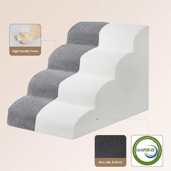 EHEYCIGA Curved Dog Stairs Ramp, 4-Step High Beds, 19.7" H Pet Step | 33D density of pure foam, for Small Dogs and Cats, Pet Stairs for High Bed Climbing, Non-Slip Balanced Indoor, Grey