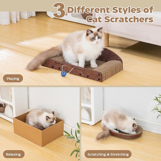 Avont 3-Piece Cardboard Cat Scratcher Set for Indoor Cats | Corrugated Cat Scratchers with Scratch Pad, Scratch Box and Lounge Bed