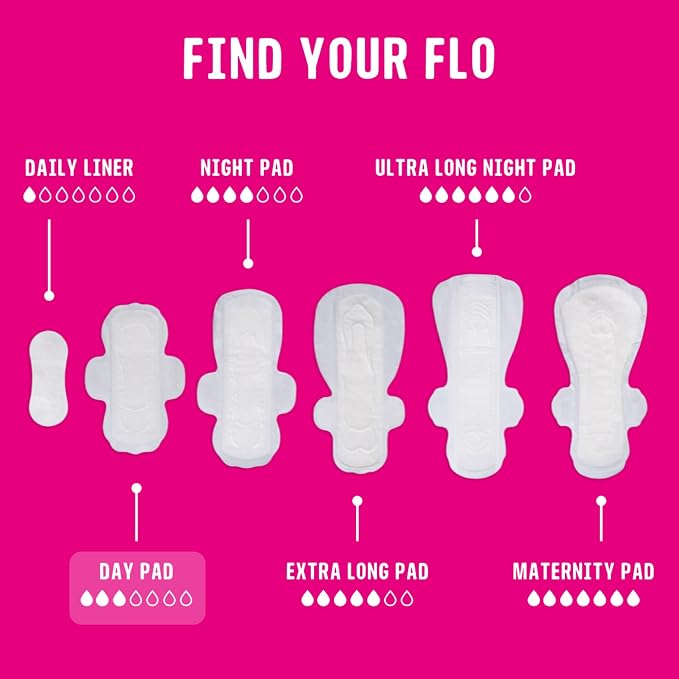 Flo - Day Menstrual Pads (44 Pack) - Organic Bamboo Period Pads for Women - Regular Flow - Leak Locking - Winged, Ultra-Thin - Absorbent, Soft & Breathable - Plant Based – Vegan, Cruelty Free