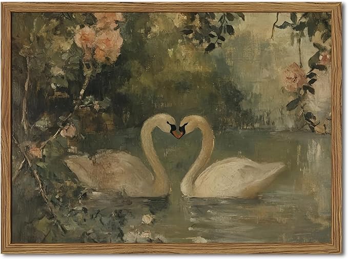 Framed Vintage Swan wall art, Rustic Romantic White Swan Pictures Wall Decor, Cottagecore Farmhouse Animal Paintings Canvas Prints Aesthetic Home Decor for Living Room Bedroom Bathroom 16x24inch