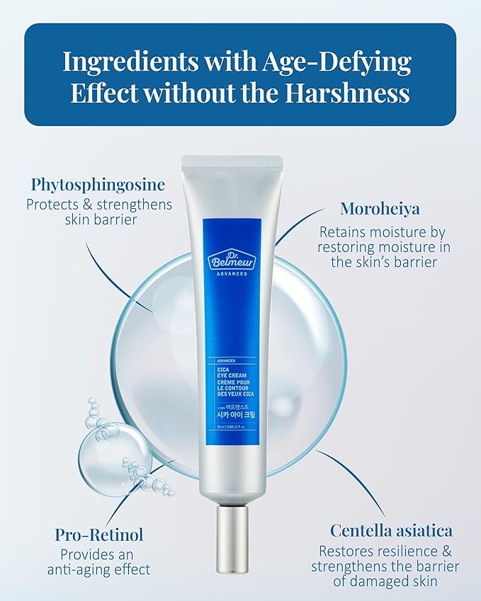 DR. BELMEUR Advanced CICA Eye Cream (0.9fl oz) - Gentle Eye Care for Delicate Skin. Korean Skin Care by LG Beauty. Ceramide, Centella Asiatica, Pro-Retinol.